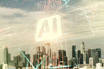 Double exposure of creative artificial Intelligence icon on Los Angeles city skyscrapers background. Neural networks and machine learning concept