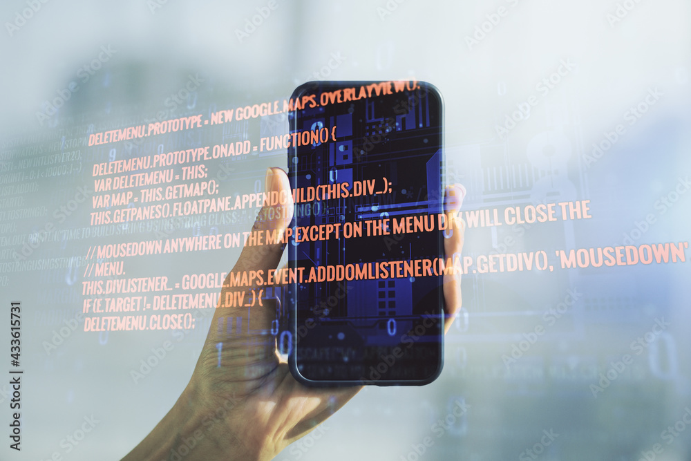 Poster double exposure of abstract programming language hologram and hand with cell phone on background, re