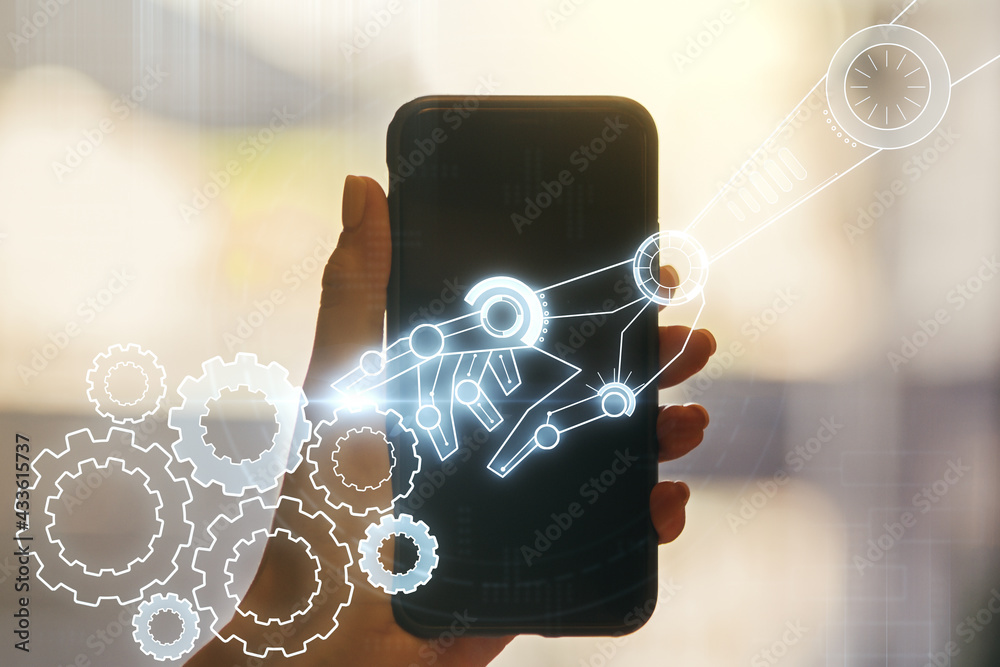 Aufkleber Double exposure of robotics technology hologram and hand with cell phone on background. Research and development software concept