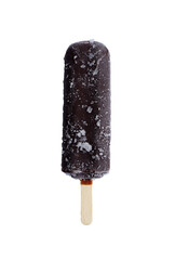 Chocolate ice cream lolly, chocolate glaze close-up with condensate and icing frost  on the white isolated background. Ice cream bar,summer hot day. Cold yummy ice cream .Ice lolly concept background.