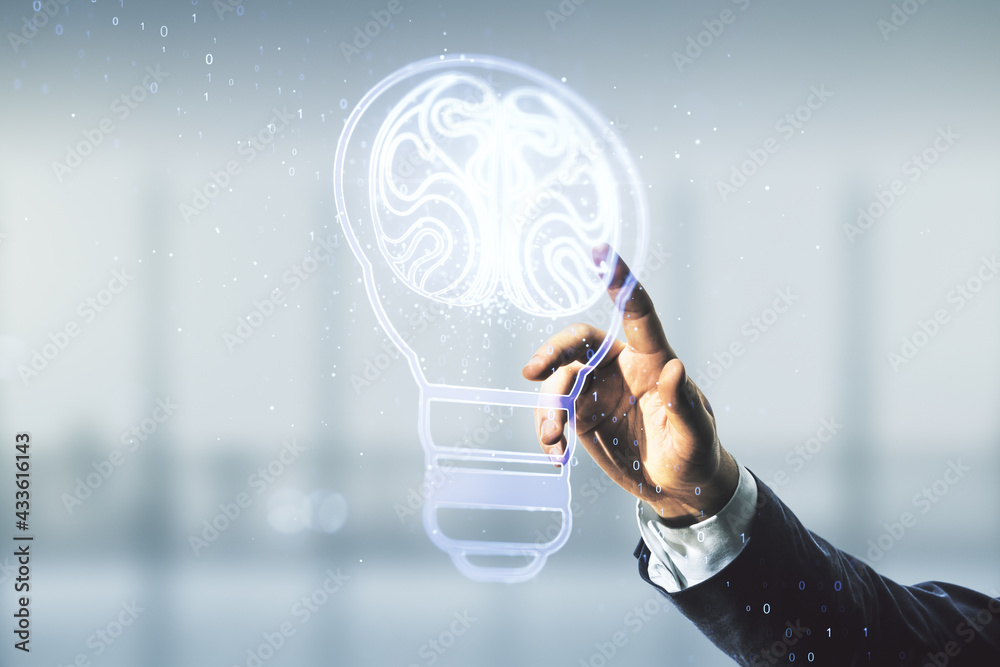 Aufkleber man hand presses on abstract virtual idea concept with light bulb and human brain illustration on bl