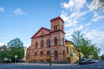 Fototapeta premium Kingston, NY - USA- May 12, 2021: VIew of the Saint Joseph Roman Catholic Church in the Kingston Stockade District.