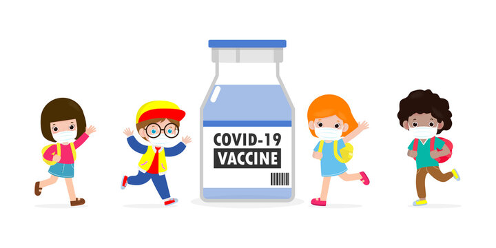 COVID-19 Or Coronavirus Vaccine Concept. Happy Kids Wearing Face Mask With Vaccine Against Corona Virus (2019-nCoV) , Group Of Children Back To School Isolated On White Background Vector Illustration