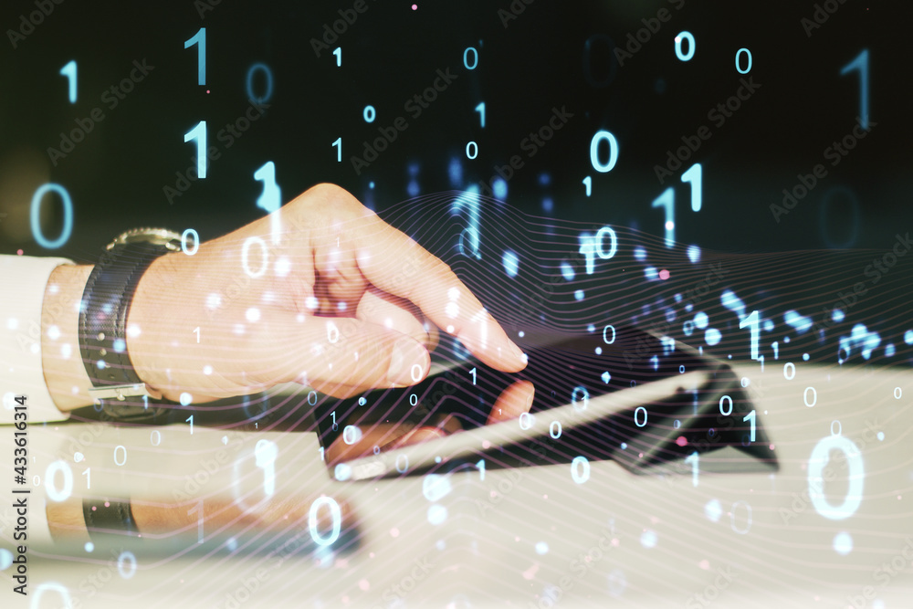 Poster creative concept of binary code illustration and finger clicks on a digital tablet on background. bi