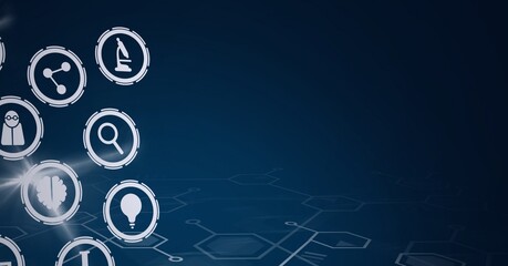 Composition of network of science and medical icons on hexagons over glowing blue background