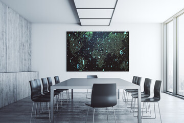 Abstract creative coding sketch and world map on presentation screen in a modern conference room, artificial intelligence and neural networks concept. 3D Rendering