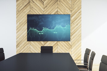 Abstract creative stats data concept on presentation screen in a modern conference room. 3D Rendering