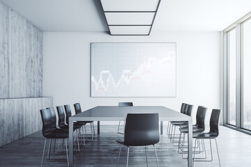 Abstract creative financial graph on presentation screen in a modern conference room, forex and investment concept. 3D Rendering