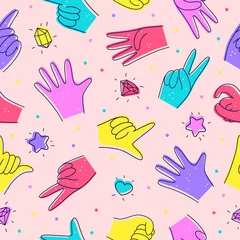 Poster Seamless pattern with Diverse Hands. Illustration in doodle style. Designation of numbers with hands, gestures. Flat design. Hand drawn trendy Vector illustration. For printing on fabrics, wallpapers © Tatyana