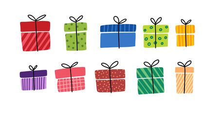 Gift boxes, presents vector icon set. Hand drawn doodle collection isolated on white. For Sale Birthday Christmas