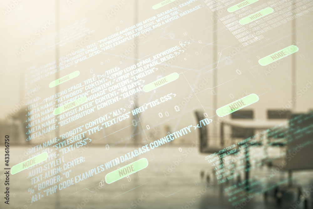 Aufkleber multi exposure of abstract creative coding sketch on a modern conference room background, artificial