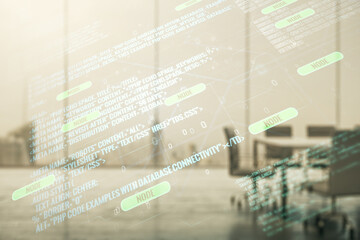 Fototapeta premium Multi exposure of abstract creative coding sketch on a modern conference room background, artificial intelligence and neural networks concept