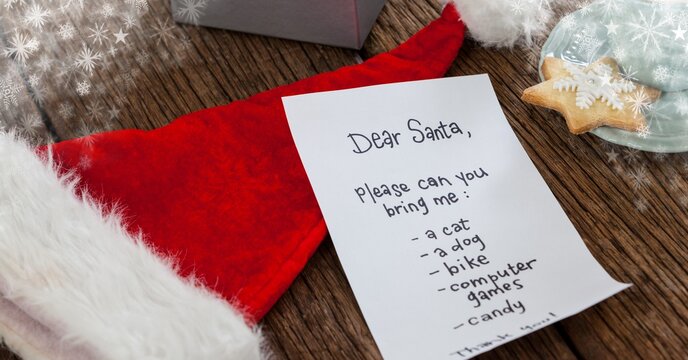 Composition of letter to santa over santa claus hat and christmas decorations