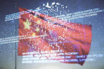 Abstract virtual code skull hologram on Chinese flag and blue sky background, cybercrime and...