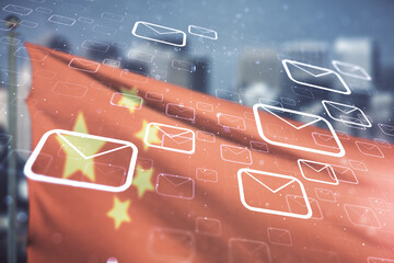 Abstract virtual postal envelopes illustration on flag of China and blurry cityscape background. Email and communications concept. Multiexposure