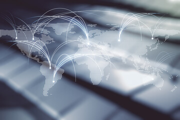 Double exposure of abstract digital world map hologram with connections on blurry metal background, research and strategy concept