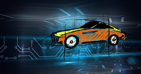 Obraz na płótnie Canvas Composition of digital computer data over car drawing
