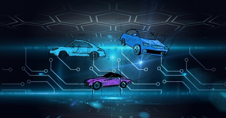 Composition of digital hexagons and circuit board over cars drawing