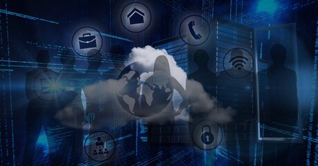 Composition of network of online digital icons over people silhouettes and computer servers