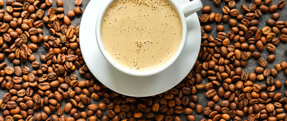 Horizontal banner with a cup of coffee and coffee beans. Top view. Copy space. Espresso or Americano in a cup. Coffee beans background