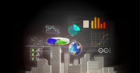Obraz premium Statistical data processing over 3d city model against grey background