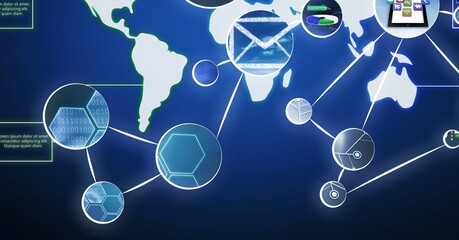 Network of digital icons over world map against blue background