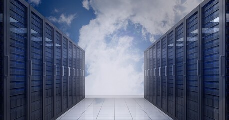 Multiple computer servers over blue sky background, data processing and technology concepts