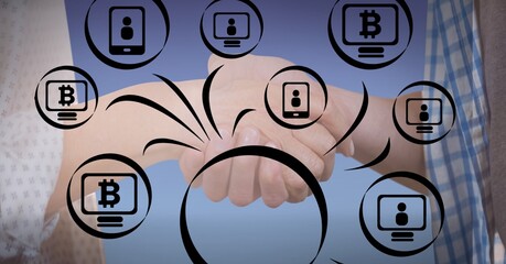 Block chain graph over people shaking hands, cryptocurrency and digital security concepts