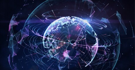 Digitally generated image of plexus network over globe against black background