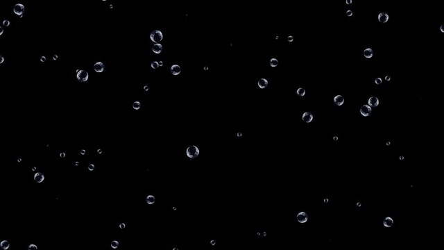 Air bubbles sway and turn over, slowly rising up against a black background.