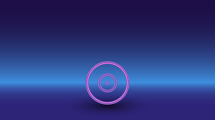 Neon gramophone record symbol on a gradient blue background. The isolated symbol is located in the bottom center. Gradient blue with light blue skyline
