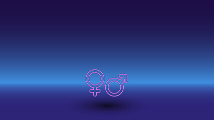 Neon gender symbol on a gradient blue background. The isolated symbol is located in the bottom center. Gradient blue with light blue skyline