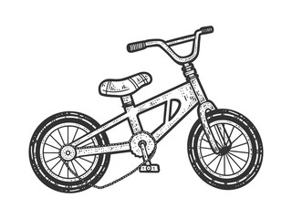 Broken kids bicycle sketch engraving vector illustration. T-shirt apparel print design. Scratch board imitation. Black and white hand drawn image.