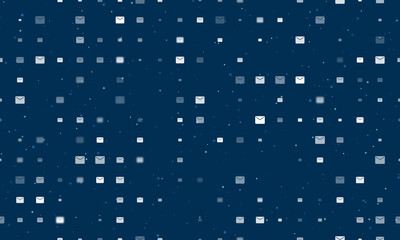 Seamless background pattern of evenly spaced white email symbols of different sizes and opacity. Vector illustration on dark blue background with stars