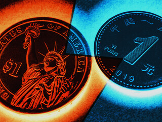 Translation: People's Bank of China, one yuan. 1 American dollar and 1 Chinese yuan coins. Dark...