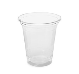 Transparent disposable plastic cup isolated on white