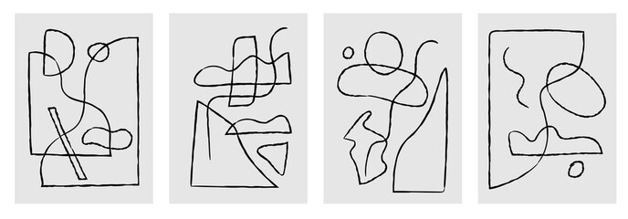 Modern abstract painting. Abstract posters art set. Hand drawn various shapes.