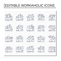 Workaholic line icons set. Workaholism prevention, consequences.Conduct rules. Overworking concept.Isolated vector illustrations.Editable stroke