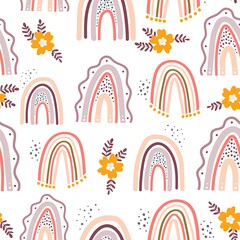 Cute Scandi Background with Flowers and Rainbows