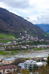Fototapeta na wymiar Towers of Mestia village in Svaneti area Caucasus mountains in Georgia