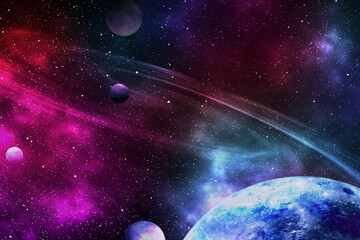 Amazing illustration of galaxy with stars and planets. Fantasy world