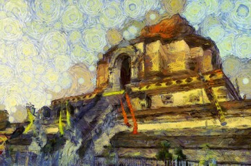 Naklejka premium Ancient pagoda Illustrations creates an impressionist style of painting.