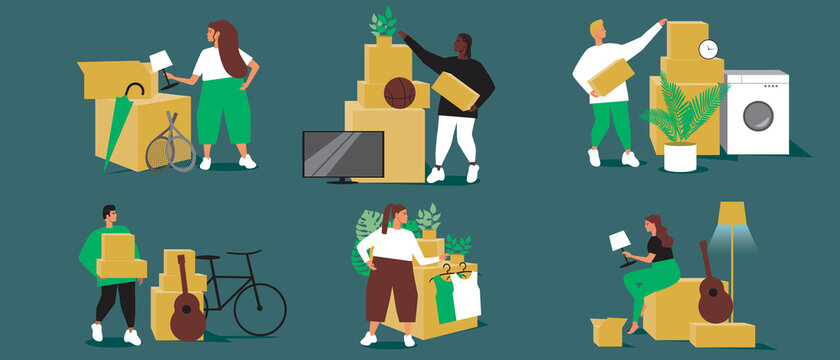 Garage sale isolated set, flat vector stock illustration with men and women, goods in boxes and flat market