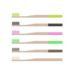 Set of six Bamboo wooden toothbrushes for healthy teeth cleaning.Biodegradable material. Eco-friendly natural products. Isolated on white background