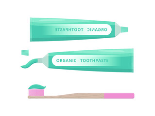 Set of organic toothpaste, open toothpaste and bamboo toothbrush vector illustration isolated on white background