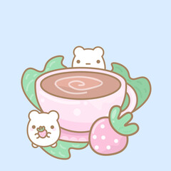 Kawaii cup with tea, bears and strawberries on blue background
