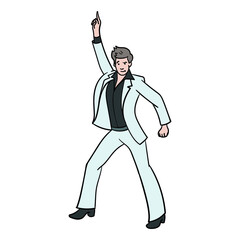 disco dancer with flared pants and arms in the air. comic, outline.
