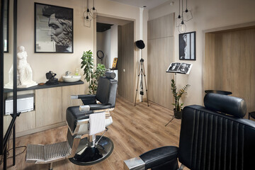 Barber shop or barbershop vintage design hair man salon empty with chair statue portraits and photo studio.