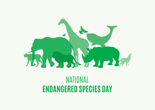 National Endangered Species Day Poster with green silhouettes of wild animals icon vector. Wild animals silhouette set. Environmenta icon vector. Group of animals icon. Important day