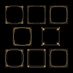 Gold art deco square borders and frames isolated collection. Vintage luxury ornament design elements set. Retro golden geometry line patterns decoration. Graphic artwork. Jpeg